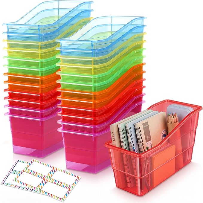 Blosssound 24 Set Book Bins for Classroom Stackable,Translucent Colorful | Plastic Baskets with Labels, Slanted Front, Library Supplies Organizers, Desktop Storage Bins, Teachers Home School Use
