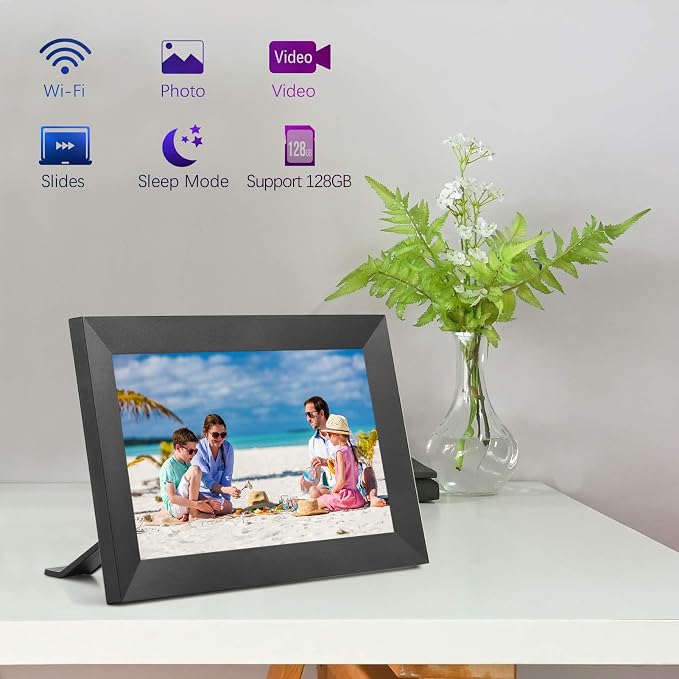 kimire Digital Picture Frame WiFi Digital Photo Frame Full HD 1366x768 IPS Touch Screen, 16GB Storage, Auto-Rotate, Support Micro Slot, Sleep Mode, Share Photos and Videos via APP(10 inch, Black)