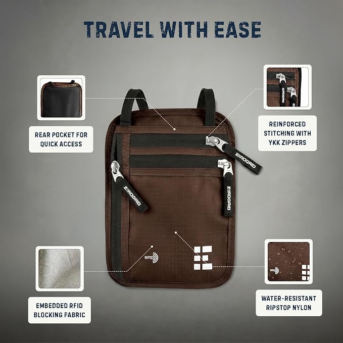 Zero Grid RFID Travel Neck Wallet, Large Passport Holder, Brown | Slim & Concealable Travel Pouch for Men & Women; Holds Phone, Cash, Cards, Keys, Waterproof; 4 compartments; Adjustable Strap