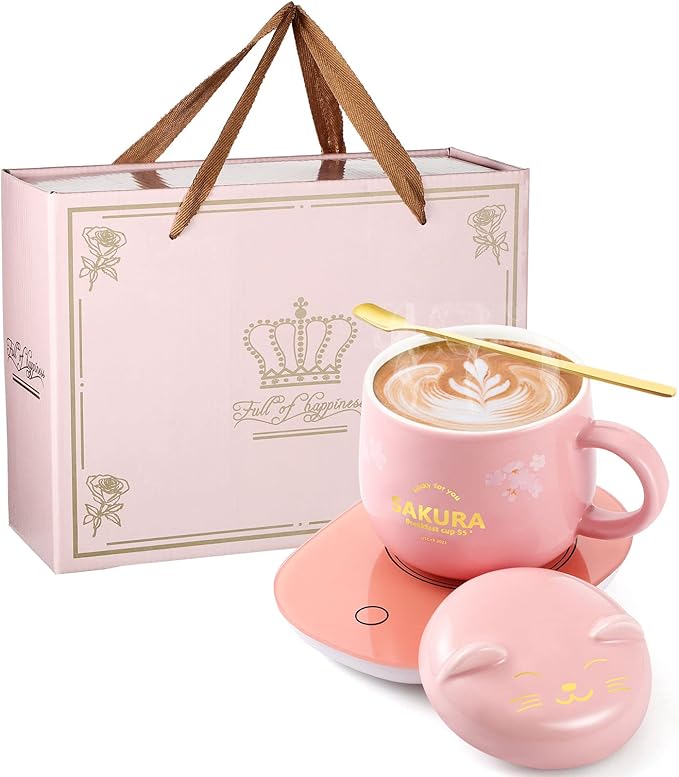 Honeydak Coffee Mug Warmer Cute Cat Mug Set Cup Warmer Christmas Gifts for Women Heated Coffee Warmers for Mom Home Office Desk Valentine's Day Anniversary Birthday Gifts(Sakura,Pink)