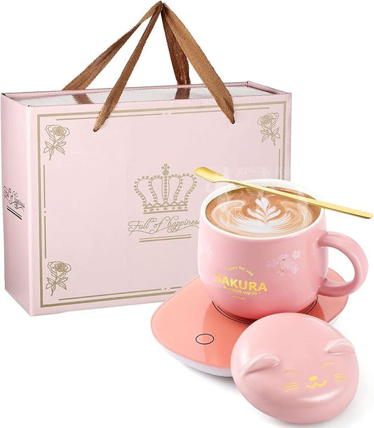 Honeydak Coffee Mug Warmer Cute Cat Mug Set Cup Warmer Christmas Gifts for Women Heated Coffee Warmers for Mom Home Office Desk Valentine's Day Anniversary Birthday Gifts(Sakura,Pink)