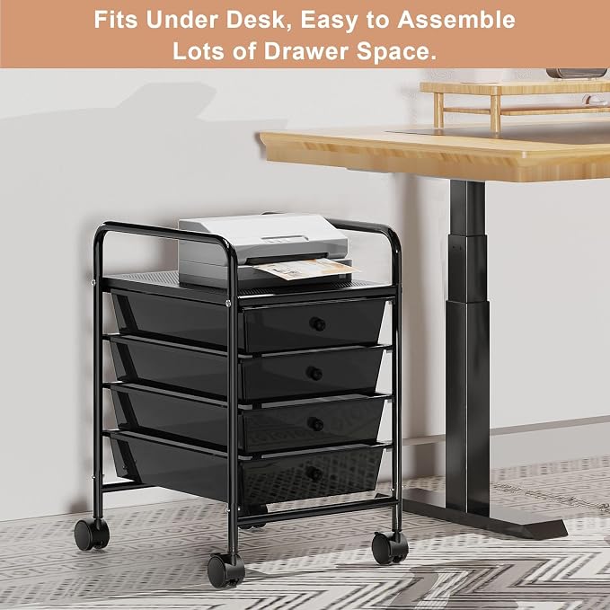 Rolling Storage Cart with Drawers 4-Tier Office Transparent Black | Utility Cart with 4 Drawers & 2 Lockable Caster Wheels, Multipurpose Mobile Drawer Cart for School Bathroom Kitchen
