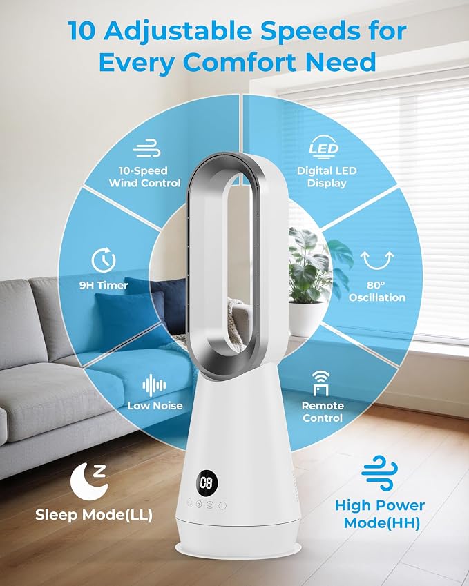 22" Small 32dB Silent Bladeless Tower Fan with Remote, Magnetic Washable Filter, LED Display, 8 Speed Settings, 80 Oscillation, 1-9H Timer, 30W Energy Saving for Indoor Use Bedroom and Office