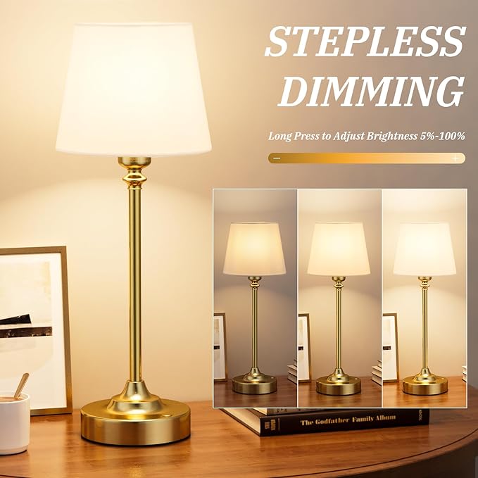 Gold Cordless Table Lamp with Rechargeable Battery, 1 Pack | Touch Stepless Dimming with Memory, 4000mAh Capacity, 3000K Warm Light, for Bedroom, Dining Table, Counter, Living Room