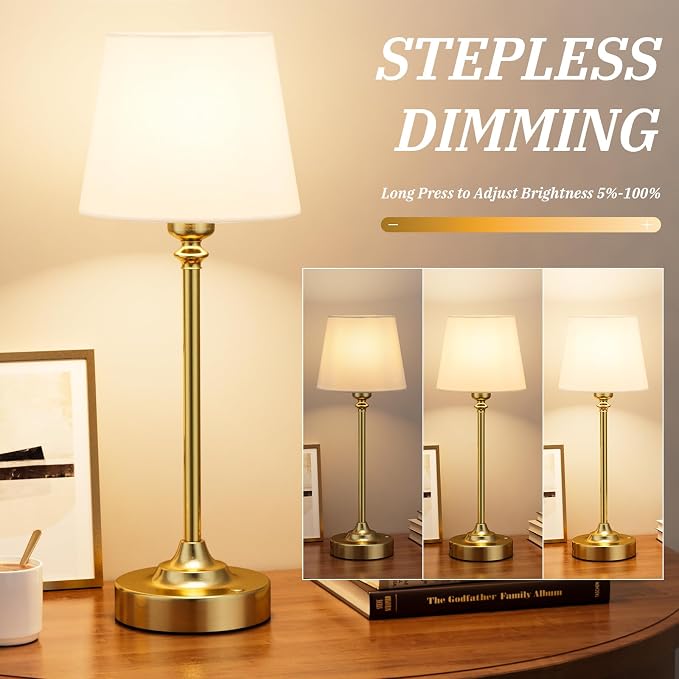 Kakanuo Cordless Table Lamps Rechargeable Set - 2 Pack Gold 4000mAH Battery Operated Lamps for Decor, 3000K Stepless Dimming Touch Wireless Lamp for Bedroom, Dining Table, Living Room, White Shade