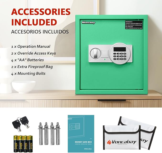 Voncabay Money Safe Box for Home with Digital Keypad, 1.5 Cu. Ft., Green | Alloy Steel, 2 Fireproof Bags, Digital Keypad with Display, Removable Shelf, Alarm System, 14 x 13 x 13 In.