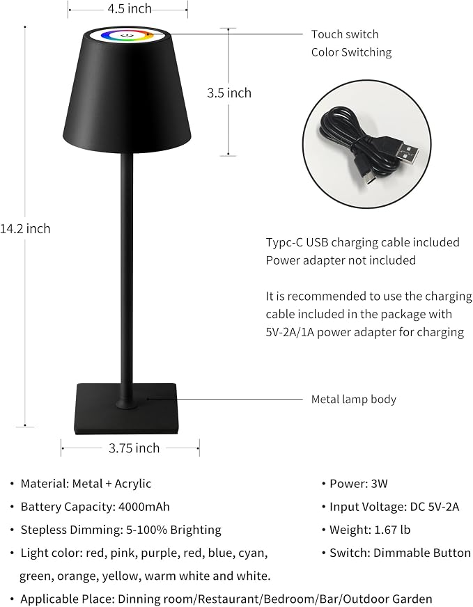 KDG 2 Pack Cordless Black Table Lamps, RGB Color Stepless Dimming Desk Lamp | 4000mAh Battery Operated Rechargeable Portable LED for Restaurant, Bedroom, Outdoor Garden, Camping, Coffee Shop, Nightlight