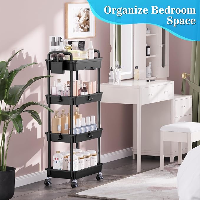SUNALLY 4 Tier Rolling Cart with Drawer, Craft Storage Cart Organizer,Black | Bathroom Storage Organizer with 2 Lockable Wheels, Rolling Utility Cart for Kitchen, Office, Baby, Makeup, Nail,Snack,Laundry