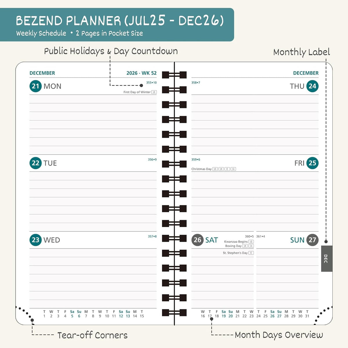 BEZEND Pocket Planner 2025-2026 Weekly and Monthly, 3.5" x 6" Academic Planner (Jul 25-Dec 26) 18-Month Mid-Year Calendar Book, Storage Pocket, Pen Holder, PU Leather Softcover, Spiral - Mint Green