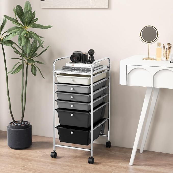 COSTWAY 6-Drawer Rolling Storage Cart, Art Craft Tools Organizer on Wheels | Multifunctional Heavy Duty Utility Mobile Storage Trolley w/ 2 Lockable Wheels for Home Office School (Mixed Black)