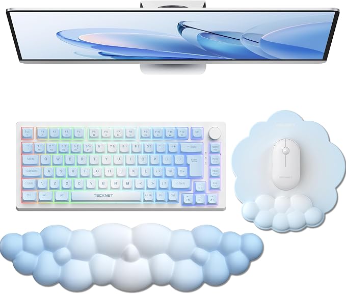 TECKNET Cloud Mouse Pad with Wrist Rest, Ergonomic Cloud Wrist Rest with Non-Slip Base, PU Leather Memory Foam Mouse Pad Wrist Support for Keyboard and Mouse, Pain Relief for Typing, Gaming, Blue