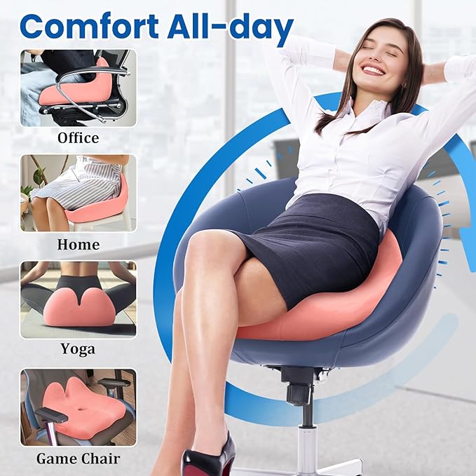 Seat Cushion, Memory Foam Office Chair Seat Cushion for Office Chairs/Car/Long Trip/Desk Chair/Gaming, Large Size for Sciatica & Hip & Tailbone Pain Relief, Sciatica Support (Pink)