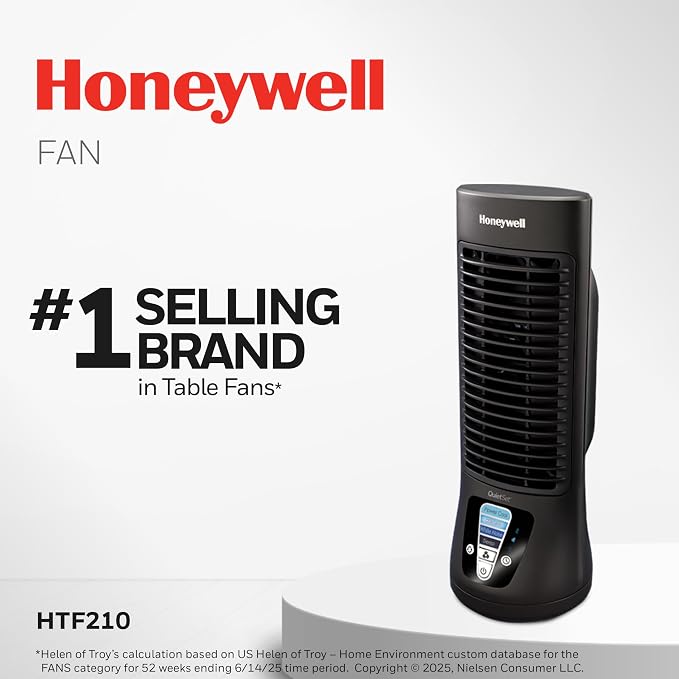 Honeywell QuietSet Personal Table Fan, Oscillating Personal Desk Fan For Bedroom with Quiet Operation, 4 Levels of Power and Sound, Black, HTF210B (Pack of 2)