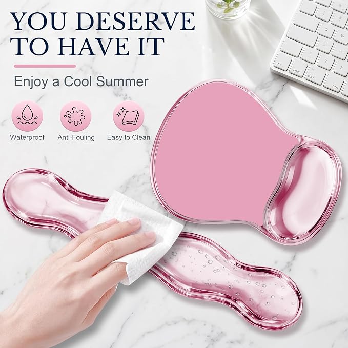 Keyboard Wrist Rest & Ergonomic Mouse Pad with Wrist Rest Set, Cute Transparent Gel Wrist Rest for Keyboard and Mouse, Soft Support for Pain Relief, Office, Gaming Desk Accessories（Pink）