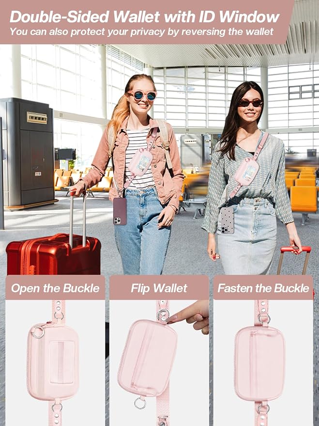 Tiostep Clip and Go Strap for Phone with Wallet Crossbody Phone Lanyard Adjustable and Detachable RFID Wristlet Wallet (Pink, Medium)