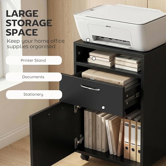 HOMCOM Mobile Storage Cabinet Organizer, Bathroom Drawer Cabinet, Black | Printer Stand, Castors