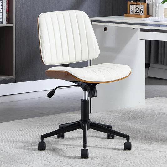 Small Home Office Chair - Armless Mid Back Desk Chair with 360° Swivel and Wheels, PU Upholstered Height Adjustable Modern Walnut Computer Chair for Home, Office Meeting Room - Black