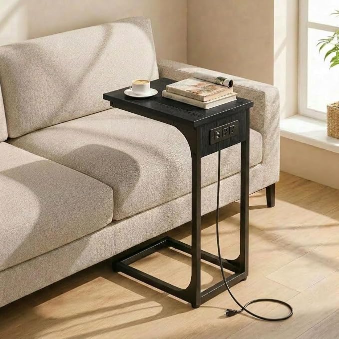 TEMI C Shaped End Table for Couch with Charging Station, Small Side Table TV Tray for Eating or Laptop, Accent Desk for Sofa or Chair, Space Saving Living Room Bedroom, Black