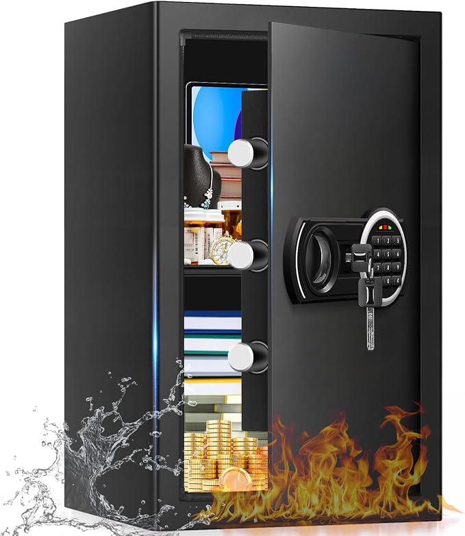 3.3 Cuft Large Home Safes Water and Fireproof with Digital Keypad & Key Lock, Security Safes for Home with DIY Removable Shelf, Anti-Pry Safe Box for Money Documents Jewelry, 19.69"H x13.78"W x 12.2"D