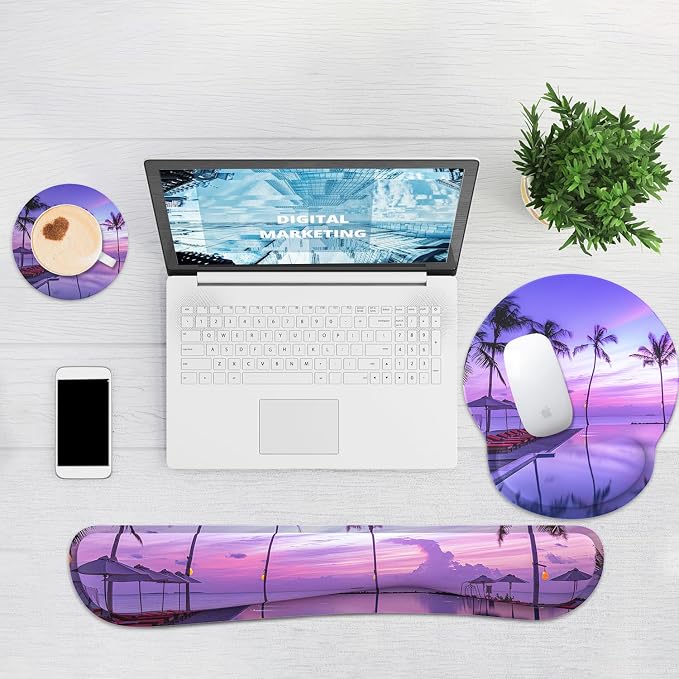 Ergonomic Mouse Pad with Wrist Rest and Keyboard Wrist Rest, Mousepad | Memory Foam Wrist Rest for Computer Keyboard, Pain Relief, Non-Slip Base, Mouse Pad Wrist Support for Gaming, Purple Beach