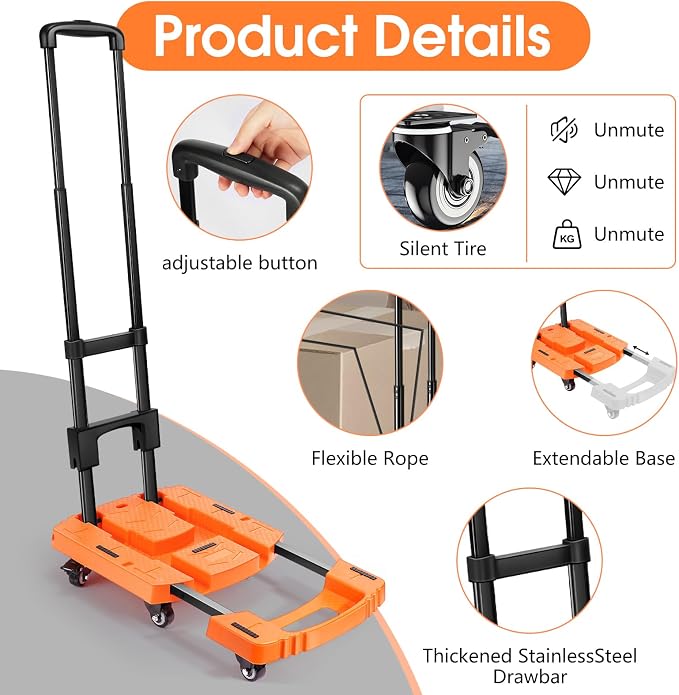 Voipvvii Folding Hand Truck500lbs, Portable Heavy Duty Dolly Cart, 6 Wheels Collapsible Luggage Cart with 2 Elastic Ropes - Compact Trolley Cart for Easy Moving - Ideal Hand Cart for Travel and More