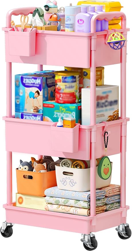 SUNALLY Baby Diaper Caddy Cart, 3 Tier Rolling Diaper Cart for Nursery,Pink | Large Capacity & Easy Assemble Diaper Storage Organizer with Lockable Wheels for Newborn, New Mom, Baby Girl Boy Essentials
