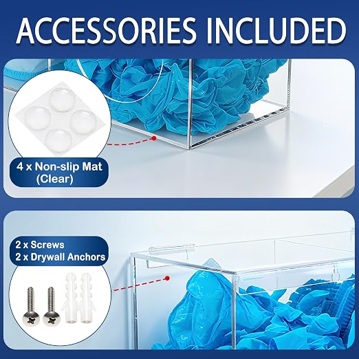 SEANADO Clear Acrylic Glove Holder Dispenser with Lid, 2 Compartments Hygiene Station Storage Box for Beard Nets, Hairnets, Plastic Bags, Shoe Cover - Wall Mount or Tabletop