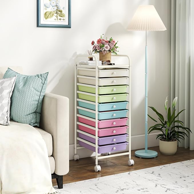 GIANTEX 10 Drawer Storage Cart, Rolling Craft Cart w/Metal Tabletop | Mobile Utility Organizer Trolley with Locking Wheel, Storage Drawer Unit for Home Office, Play Room, Pastel Ice Cream