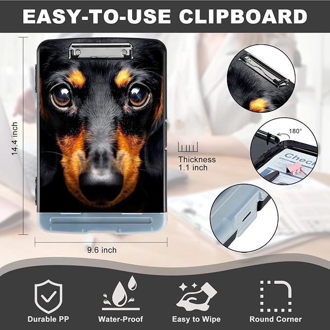 Clipboard with Storage,Storage Clipboard with Pen Holder,Heavy Duty Plastic Storage Clipboard with Low Profile Clip,Teacher Must Haves,Clipboard Folder,Office Supplies,Cute Dog -1342