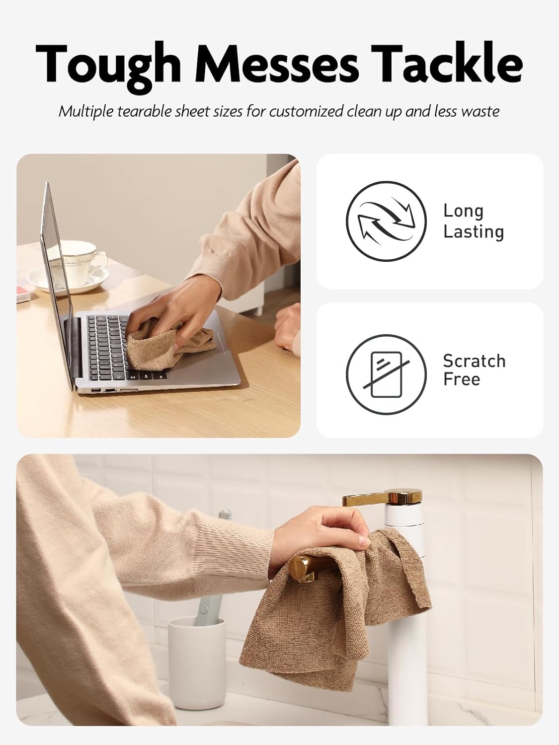 Fantasticlean Microfiber Cleaning Cloth Roll -60 Pack, Tear Away Microfiber Towels, 12" x 12", Reusable, Washable, Scratch Free, Ultra Absorbent Dish Rags for Car, Home, Garage or Shop (Beige & Tan)