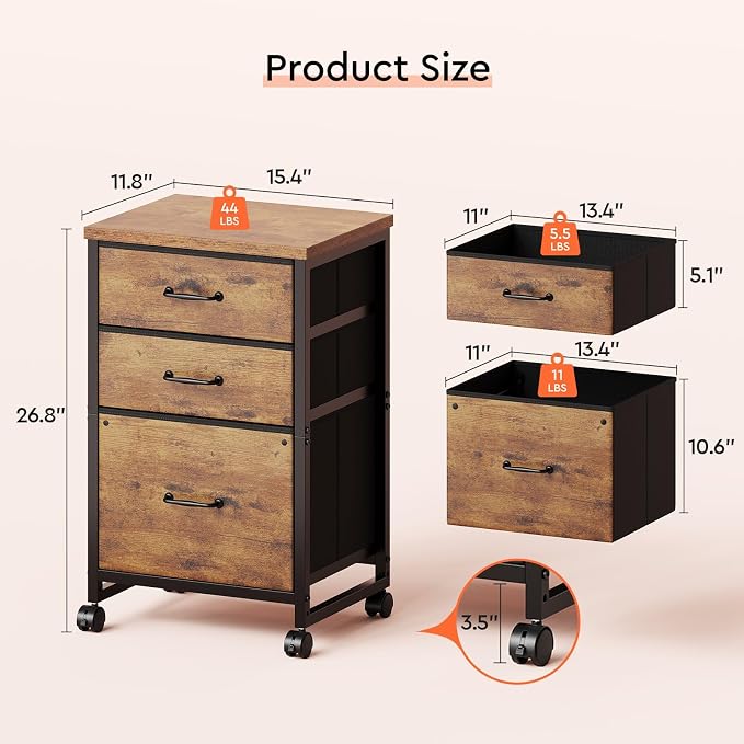 3 Drawer File Cabinet with Wheels with Open Storage Shelf, Rustic Brown2