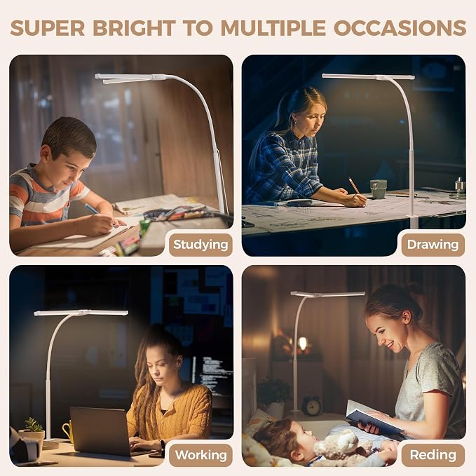 LED Desk Lamp for Home Office, Double Head Desk Light with Clamp | 3 Modes 10 Brightness, Long Flexible Goose-Neck, Eye-Caring, Memory Function, Energy Efficient, USB Adapter, Metal, White