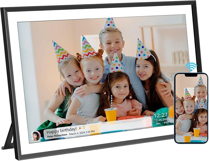 15.7 Inch WiFi Digital Picture Frame with 1920x1080 FHD IPS Touch Screen, Send Photo or Videos via App or Email, 32GB Storage, Support USB Drive/SD Card Extend Storage, Auto-Rotate, Wall Mountable