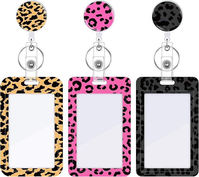3 Set ID Badge Holder with Retractable Reel, Leopard Retractable ID Badge Holders with Clip Name Badge Holders for Teacher Nurse Doctor Student Office Gift for Coworkers