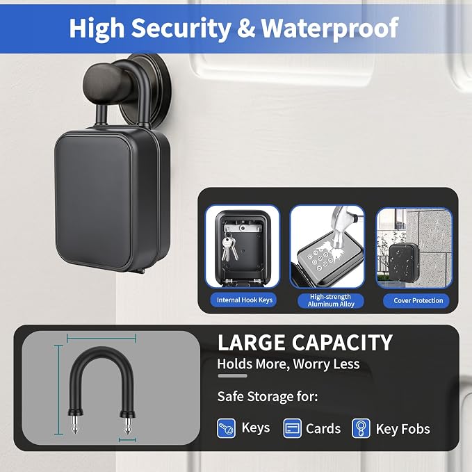 Smart Key Lock Box with Bluetooth APP, Remote Code Sharing & PIN Code Unlock, IP65 Heavy Duty Zinc Alloy Wall Mounted for Airbnb Hosts Realtors, Holds 5 Keys+Cards (Gray)