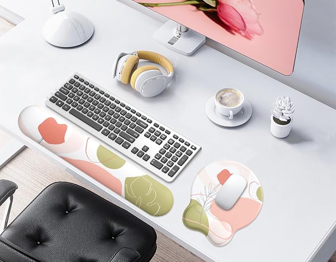 Mouse Pad Wrist Support, Ergonomic Memory Foam Keyboard Wrist Pad & Gel Wrist Rest Set for Computer Keyboard for Easy Typing & Pain Relief for Office & Home (Rose Set)