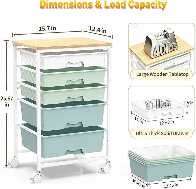 SUNALLY Rolling Carts with 5 Drawers, Storage Drawer Carts for Craft, Green | Rolling Utility Cart with Wooden Tabletop & 2 Lockable Wheels, Teacher Storage Cart for Classroom School, Makeup, Nail, Art