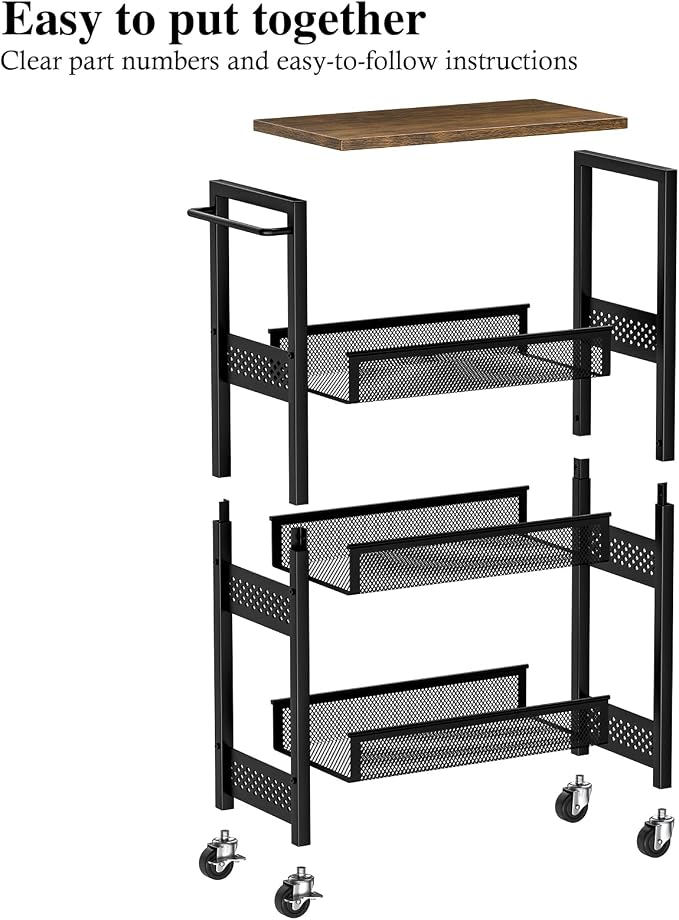 OKZEST 4-Tier Slim Rolling Storage Cart for Bathroom, Laundry Room, Kitchen | Upgraded metal hub casters, Narrow utility cart for small space/gaps, Premium wood top & metal mesh shelf, with handle & hook