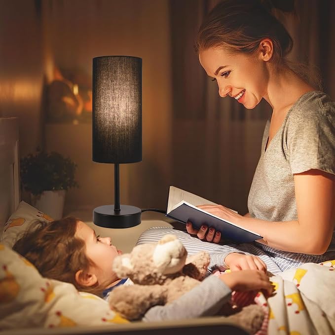RISLG 2 Pack Table Lamp for Bedroom, Bedside Lamps for Nightstand with Wire Switch, Minimalist Desk Lamps with Linen Fabric Shade for Kids Room Living Room Office Dorm, Bulb Included