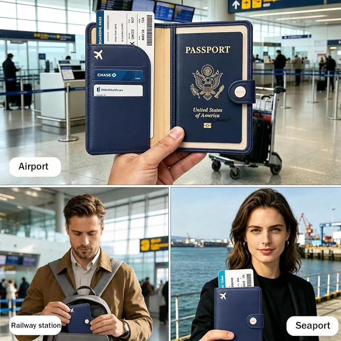 Passport Holder RFID Blocking Travel Wallet, Navy Blue | Passport Cover with Multiple Card Slots, Water-Resistant & Easy-Carry, Must-Have Travel Accessory for Men & Women.