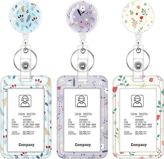 3 Set Badge Holder with Retractable Reel, Flower Pattern Retractable ID Badge Holders with Clip Name Key Card Holder Case for Nurse Doctor Student Teacher Office Gift for Coworkers