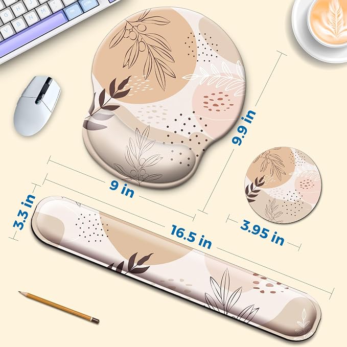 Mouse Pad and Keyboard Wrist Rest Support,Ergonomic Mouse Pad Set | Mousepad With Coaster and Non-Slip PU Base,Pain Relief for Desk Desktop Gaming, Computer,Office -Beach