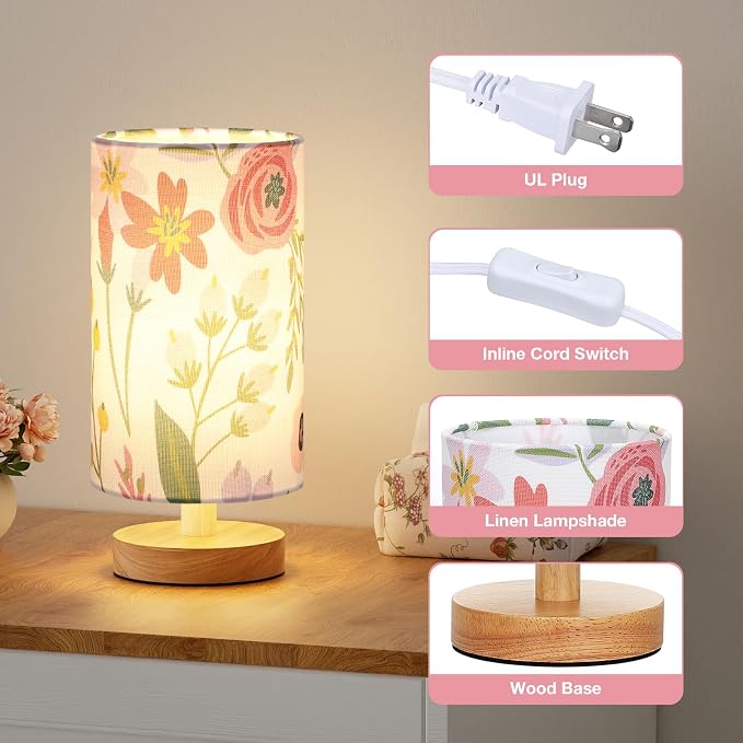 Small Table Lamps (Floral White Shade, 9" Inline Control) | 3000K LED Blub Included | 680 Lumens | Easy Assembly | Minimalist Design | E26 | for Kitchen | for Kids Room