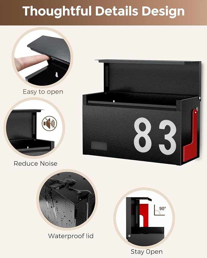 Modern Mailboxes for Outside, Metal Wall Mount Mailbox, with One Flag Kit and Three Sets of Mailbox Number Stickers, 3.9" D×13" W×7.1" H, Rust Resistant Coating Mail Boxes for House, Black AMB06B