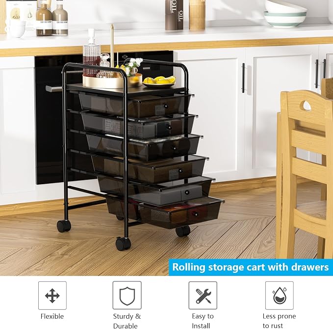 Rolling Storage Cart with Drawers 6-Tier Office Transparent Black | Utility Cart with 6 Drawers & 2 Lockable Caster Wheels, Multipurpose Mobile Drawer Cart for School Bathroom Kitchen