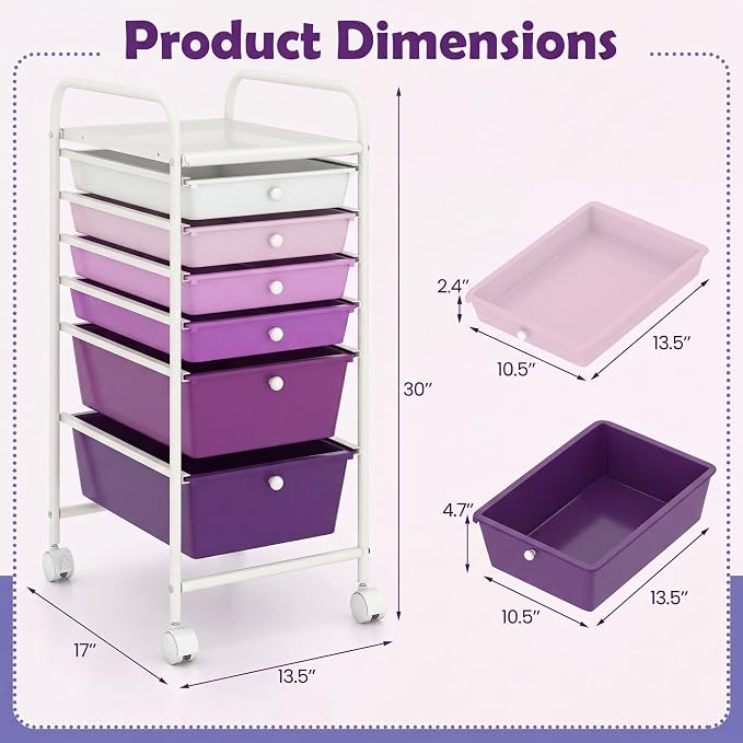 COSTWAY 6-Drawer Rolling Storage Cart, Art Craft Tools Organizer on Wheels | Multifunctional Heavy Duty Utility Mobile Storage Trolley w/ 2 Lockable Wheels for Home Office School (Purple Gradient)