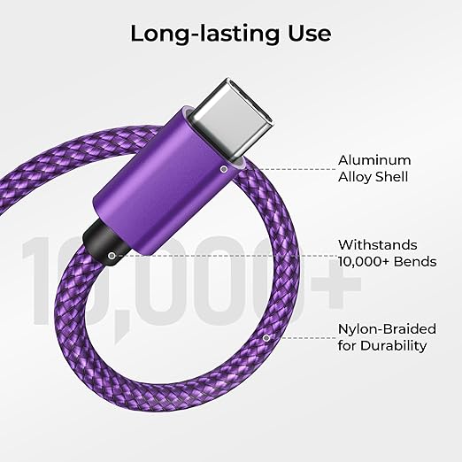 Basesailor USB Type C Charger Cable 10FT 2Pack,Nylon Charging Cord for iPhone 17 16 Pro Plus Max,Samsung Galaxy Z Flip,Note 20 10,S10 S10E 10E S20 FE S23 S24 S22 Ultra,A52 A53 A54,Google Pixel 7 6 XL