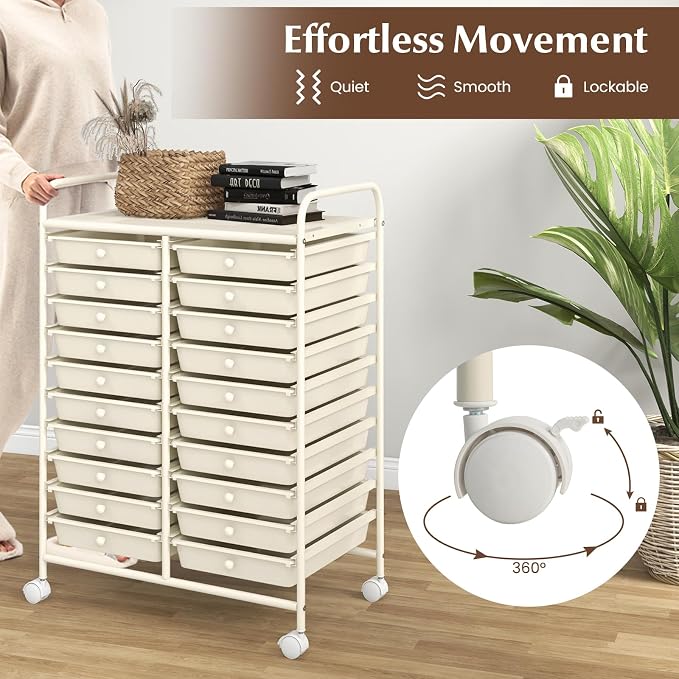 COSTWAY 20-Drawer Rolling Storage Cart, Utility Storage Organizer Cart | For Tools, Scrapbook, Paper, Craft, Multipurpose Storage Trolley on Wheels for Home Office School (Ivory White)