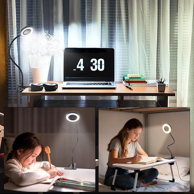 Woputne Desk Lamp Clip on Light for Bed Book Reading (Black) | 10 Dimmable Brightness 3 Light Modes Desk Lights for Home Office Clamp Bedside Lamp for Painting, Craft, Study