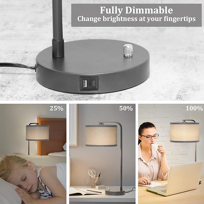 Gray Bedside Lamp with USB C+A Ports, Fully Dimmable Modern Nightstand Lamp | 25" Tall Side Table Lamp with Grey Fabric Shade, Reading Desk Lamp for Bedroom Living Room Office, 3000K LED Bulb Included
